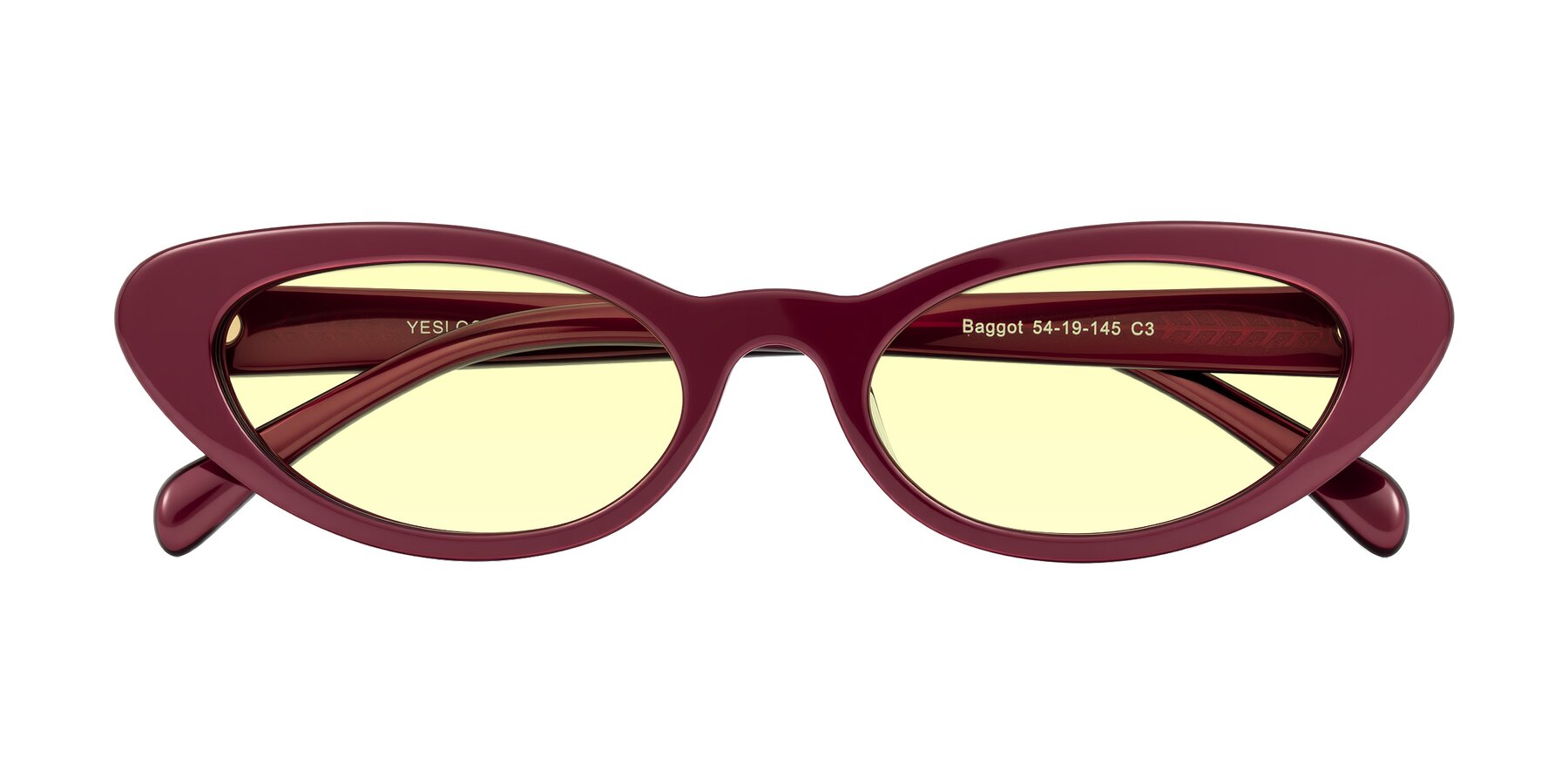 Folded Front of Baggot in Pearlescent Burgundy with Light Yellow Tinted Lenses