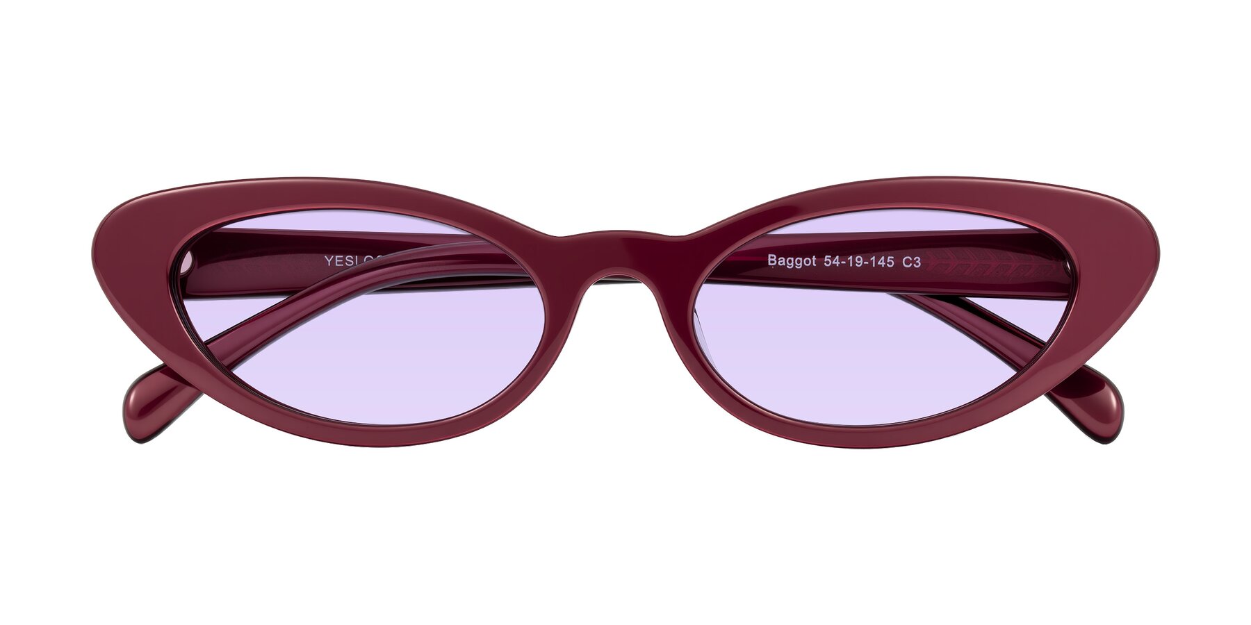 Folded Front of Baggot in Pearlescent Burgundy with Light Purple Tinted Lenses