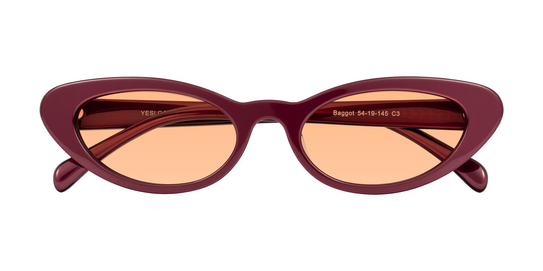 Folded Front of Baggot in Pearlescent Burgundy with Light Orange Tinted Lenses