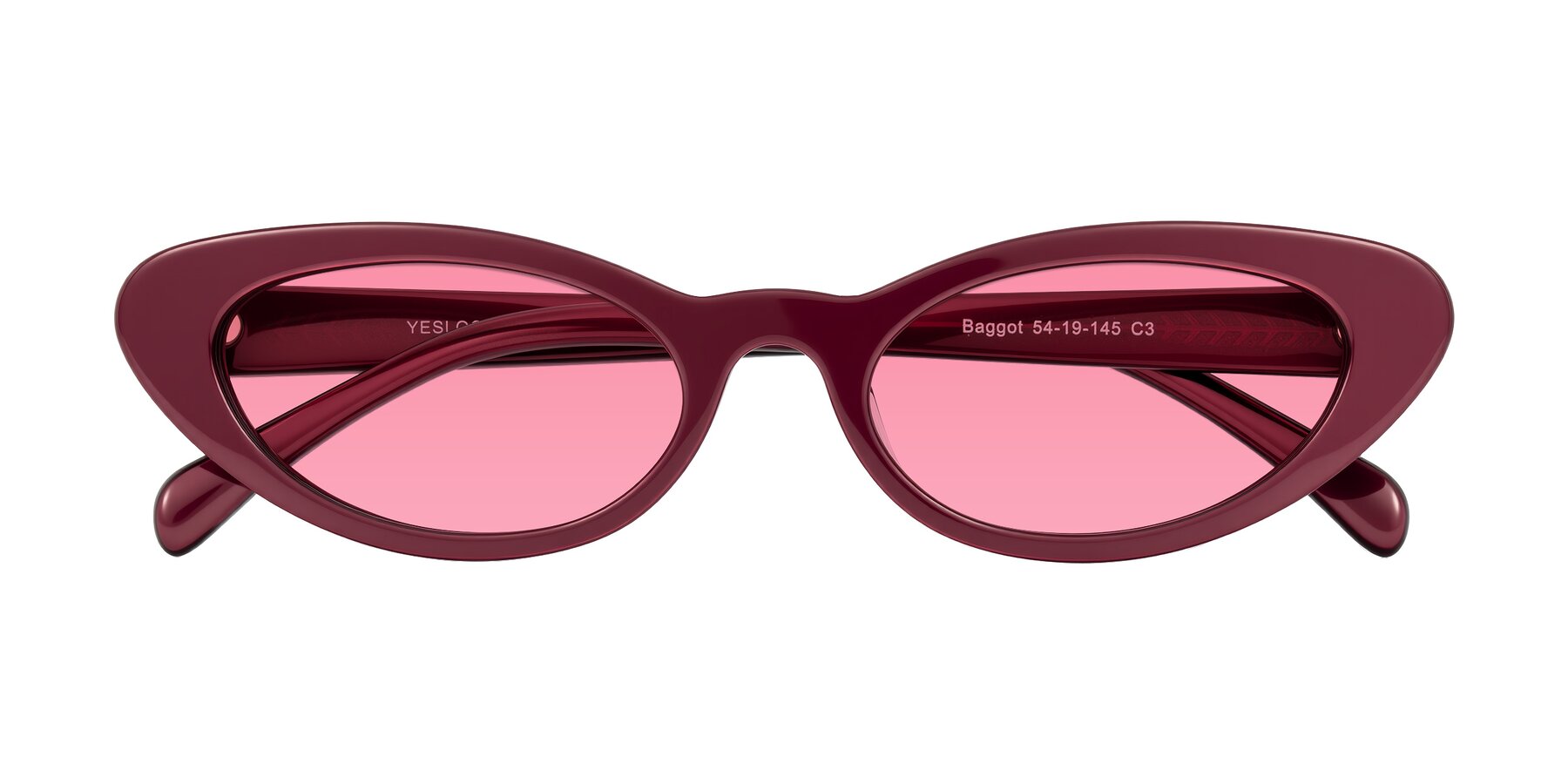 Folded Front of Baggot in Pearlescent Burgundy with Pink Tinted Lenses
