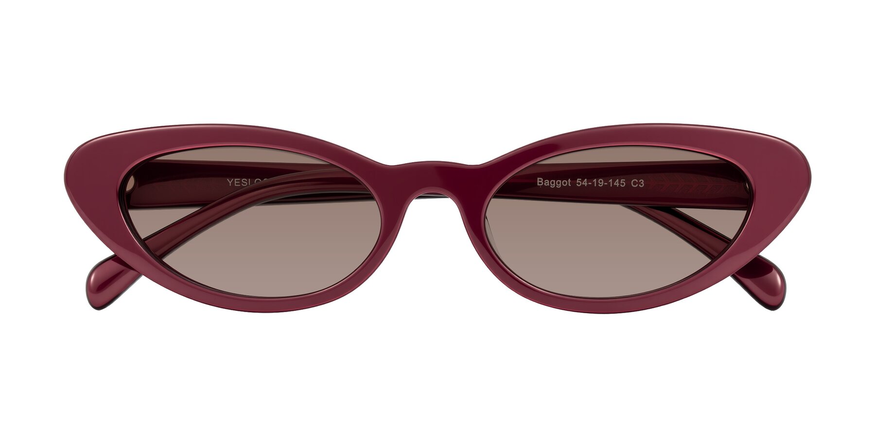 Folded Front of Baggot in Pearlescent Burgundy with Medium Brown Tinted Lenses