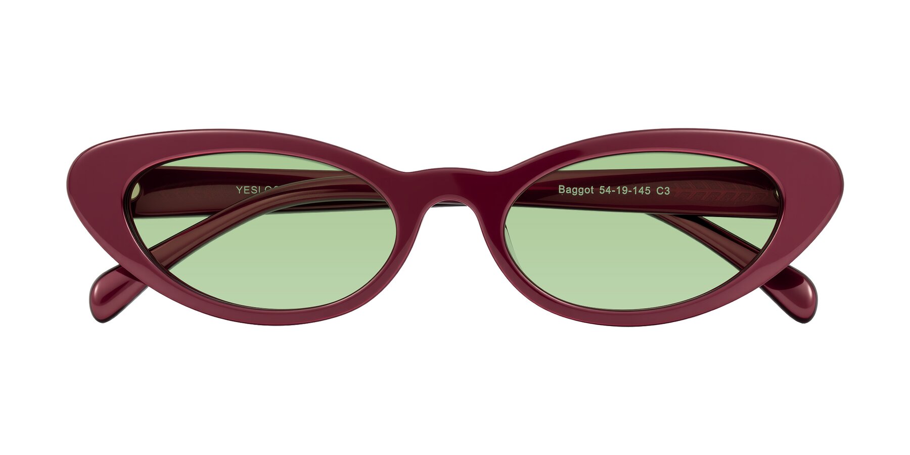 Folded Front of Baggot in Pearlescent Burgundy with Medium Green Tinted Lenses