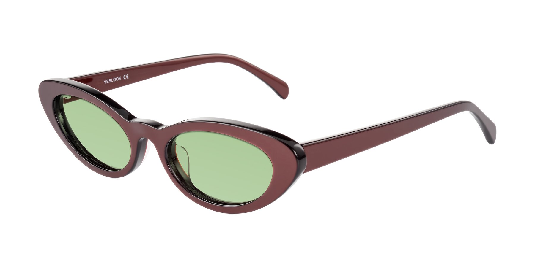 Angle of Baggot in Pearlescent Burgundy with Medium Green Tinted Lenses