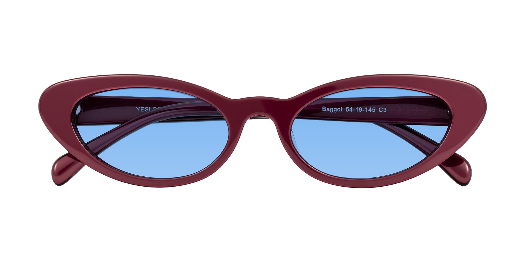 Folded Front of Baggot in Pearlescent Burgundy with Medium Blue Tinted Lenses