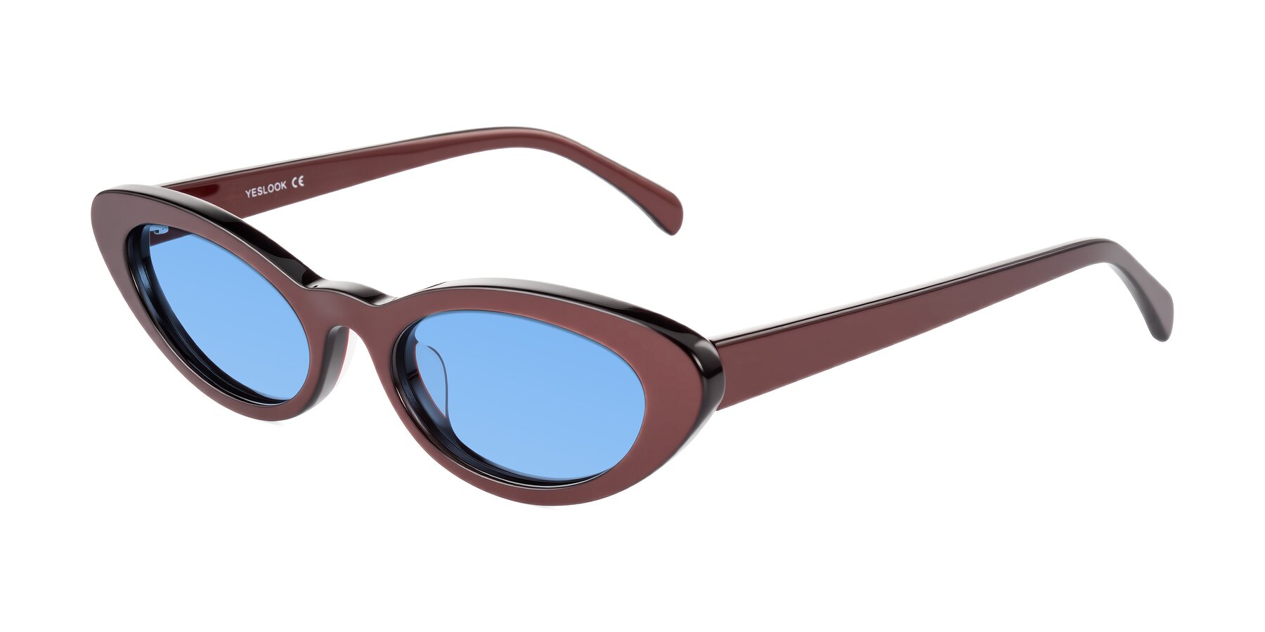 Angle of Baggot in Pearlescent Burgundy with Medium Blue Tinted Lenses