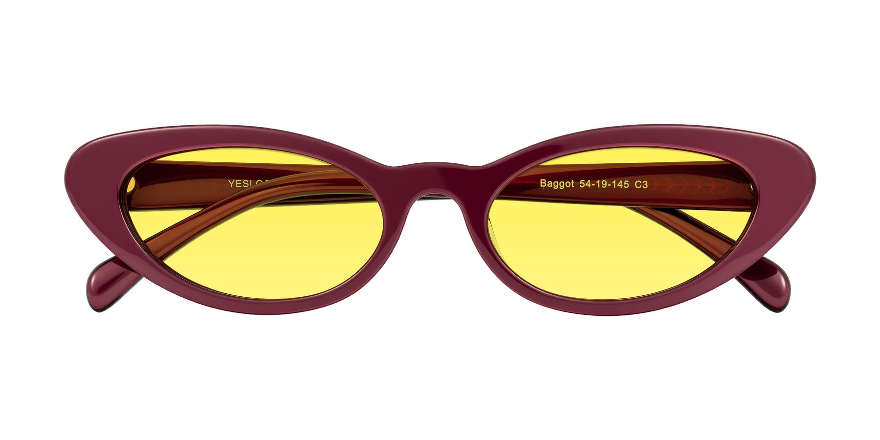Folded Front of Baggot in Pearlescent Burgundy with Medium Yellow Tinted Lenses