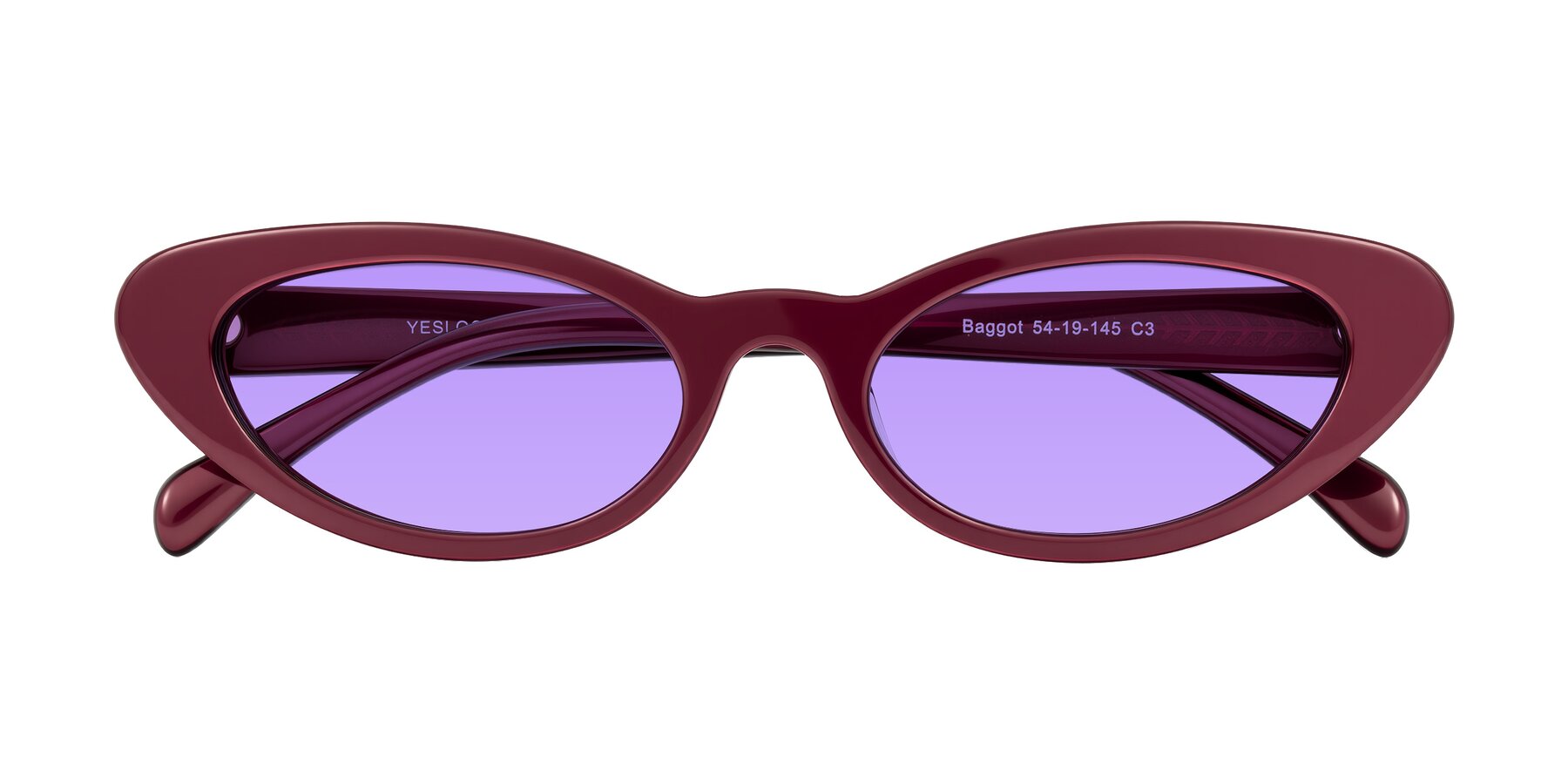 Folded Front of Baggot in Pearlescent Burgundy with Medium Purple Tinted Lenses