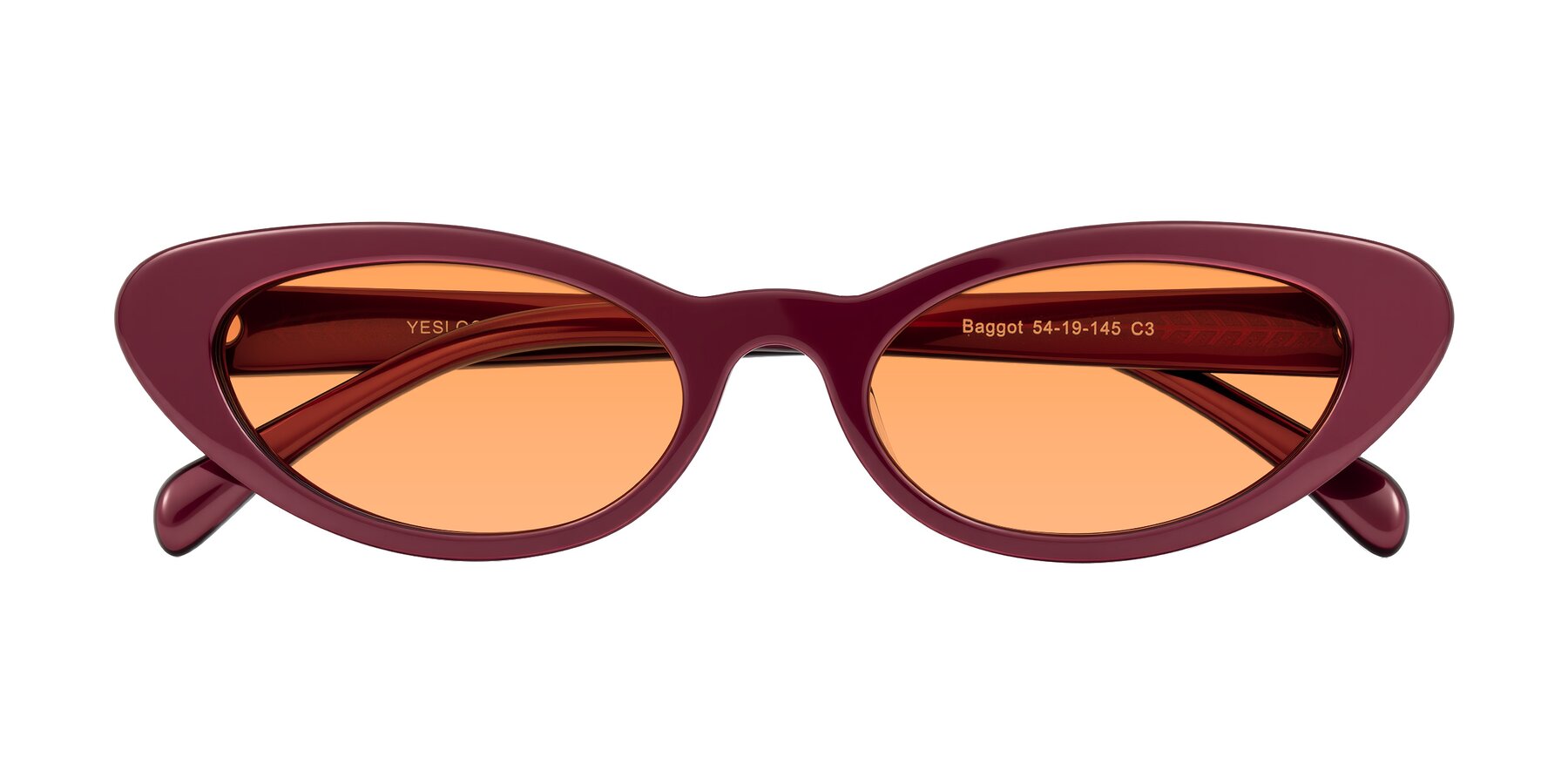 Folded Front of Baggot in Pearlescent Burgundy with Medium Orange Tinted Lenses
