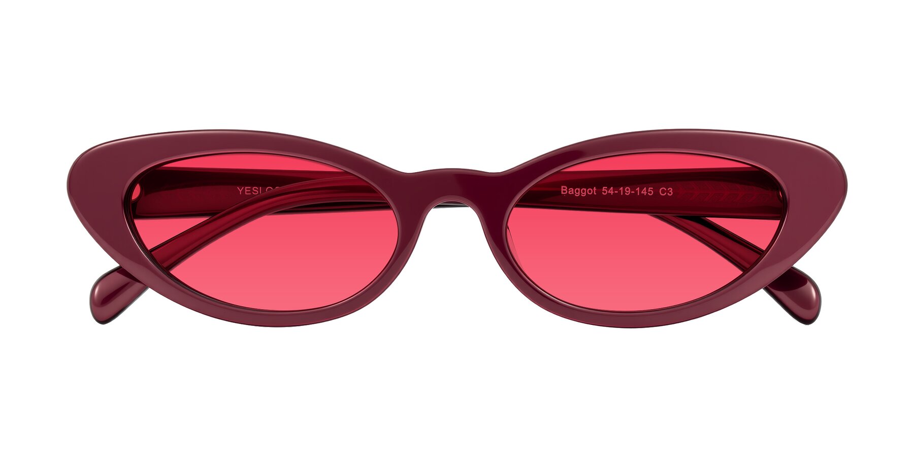 Folded Front of Baggot in Pearlescent Burgundy with Red Tinted Lenses