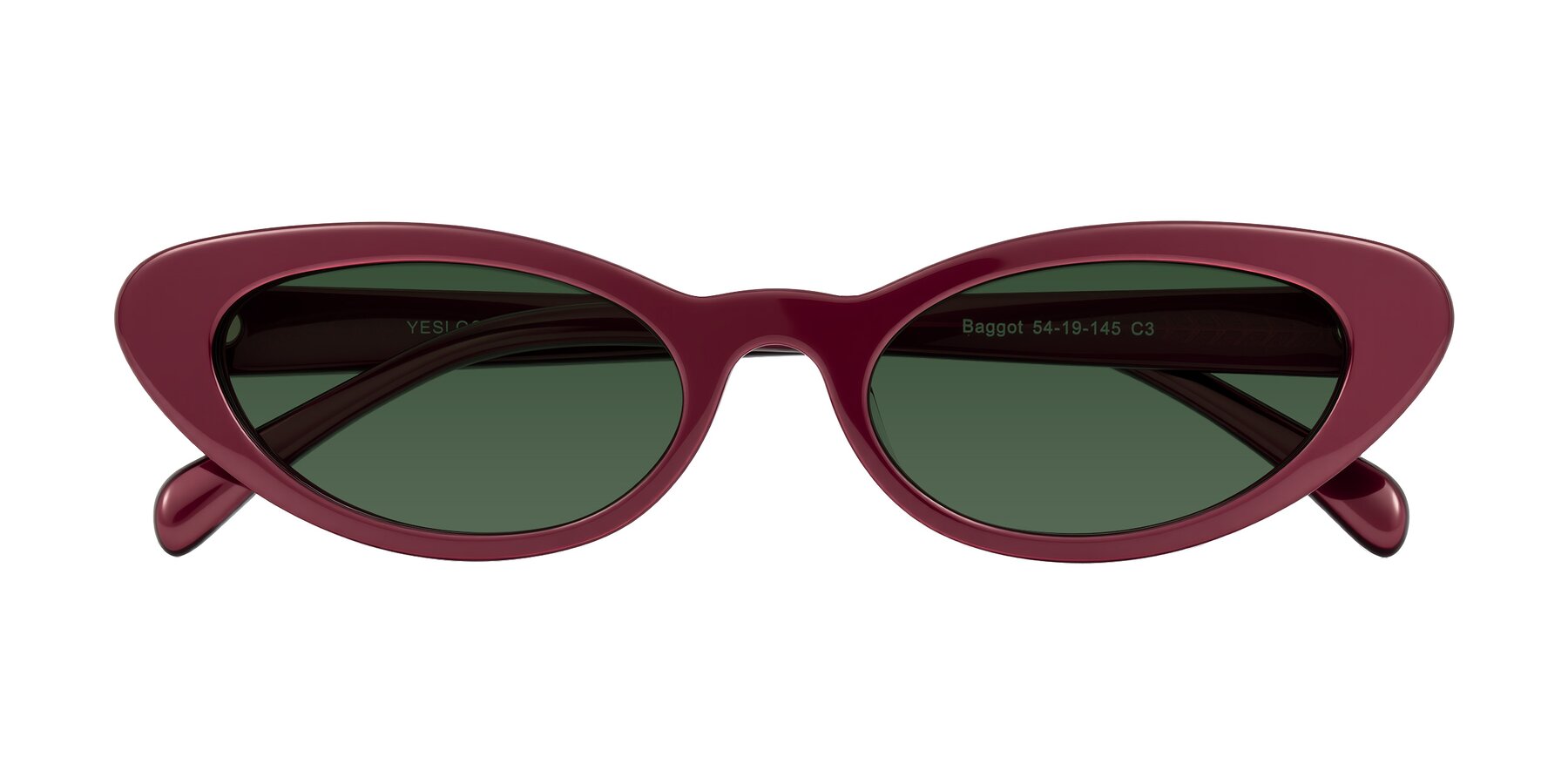 Folded Front of Baggot in Pearlescent Burgundy with Green Tinted Lenses