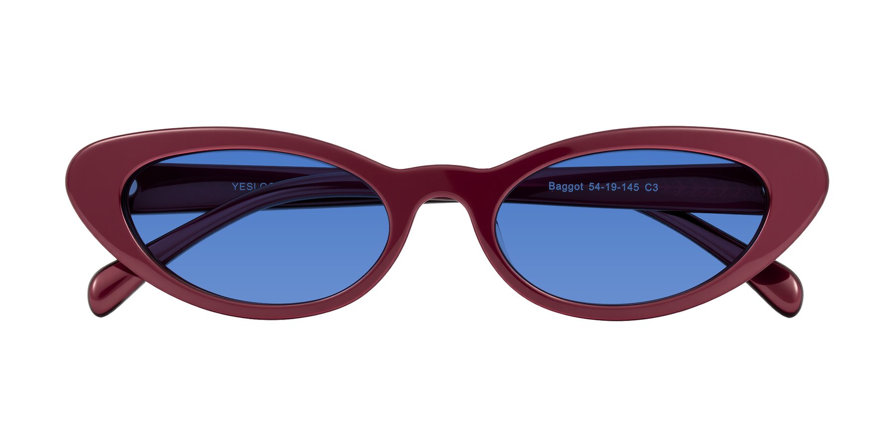 Folded Front of Baggot in Pearlescent Burgundy with Blue Tinted Lenses