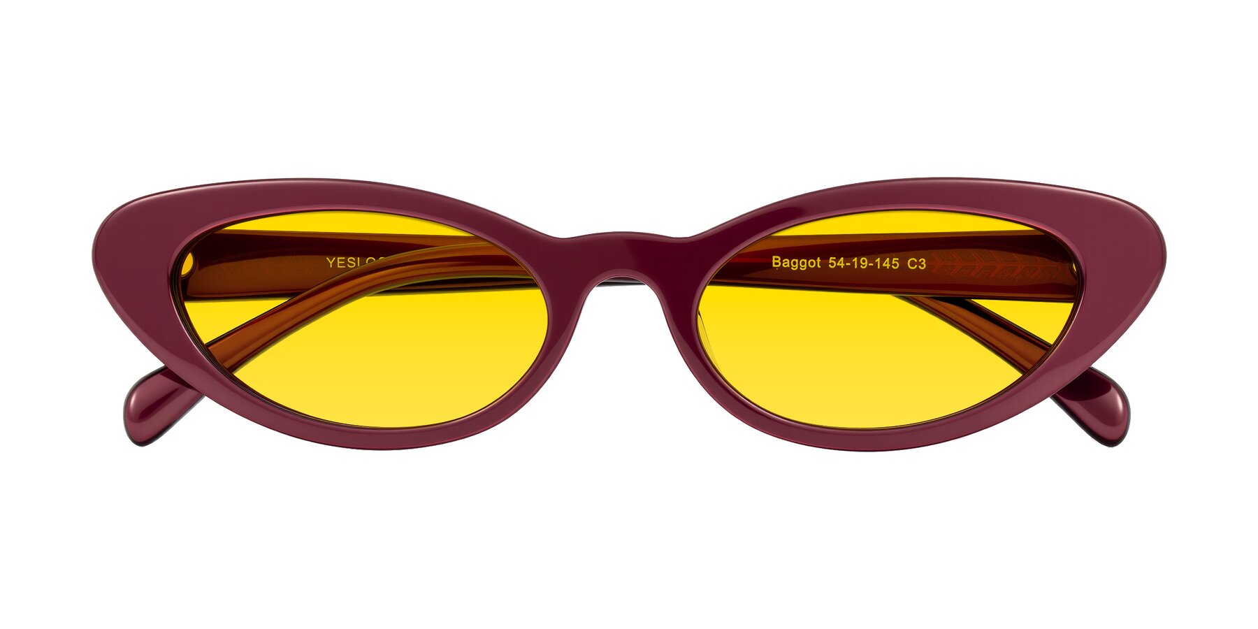 Folded Front of Baggot in Pearlescent Burgundy with Yellow Tinted Lenses