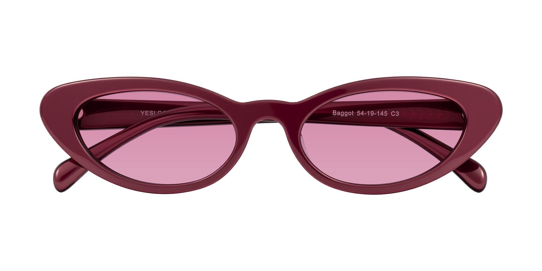Folded Front of Baggot in Pearlescent Burgundy with Medium Wine Tinted Lenses