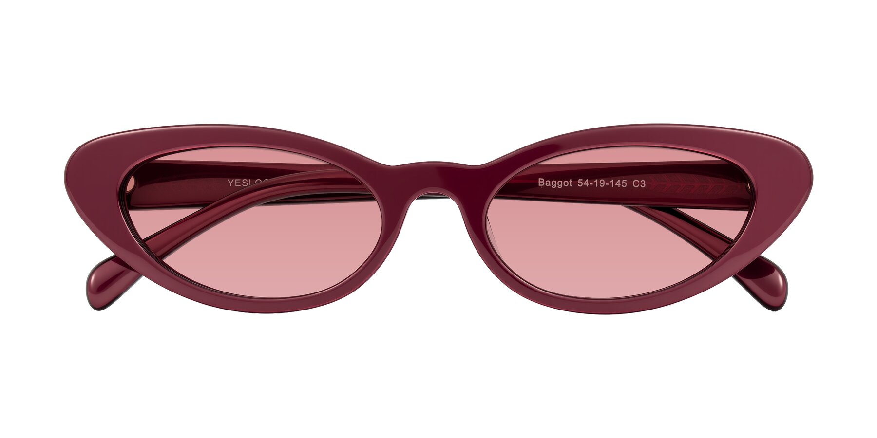 Folded Front of Baggot in Pearlescent Burgundy with Medium Garnet Tinted Lenses