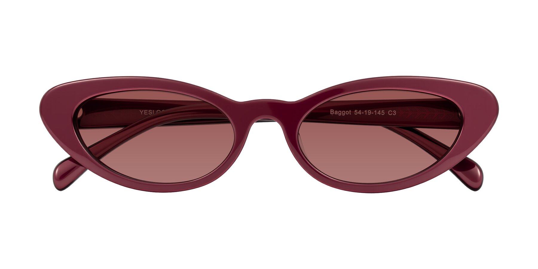 Folded Front of Baggot in Pearlescent Burgundy with Garnet Tinted Lenses