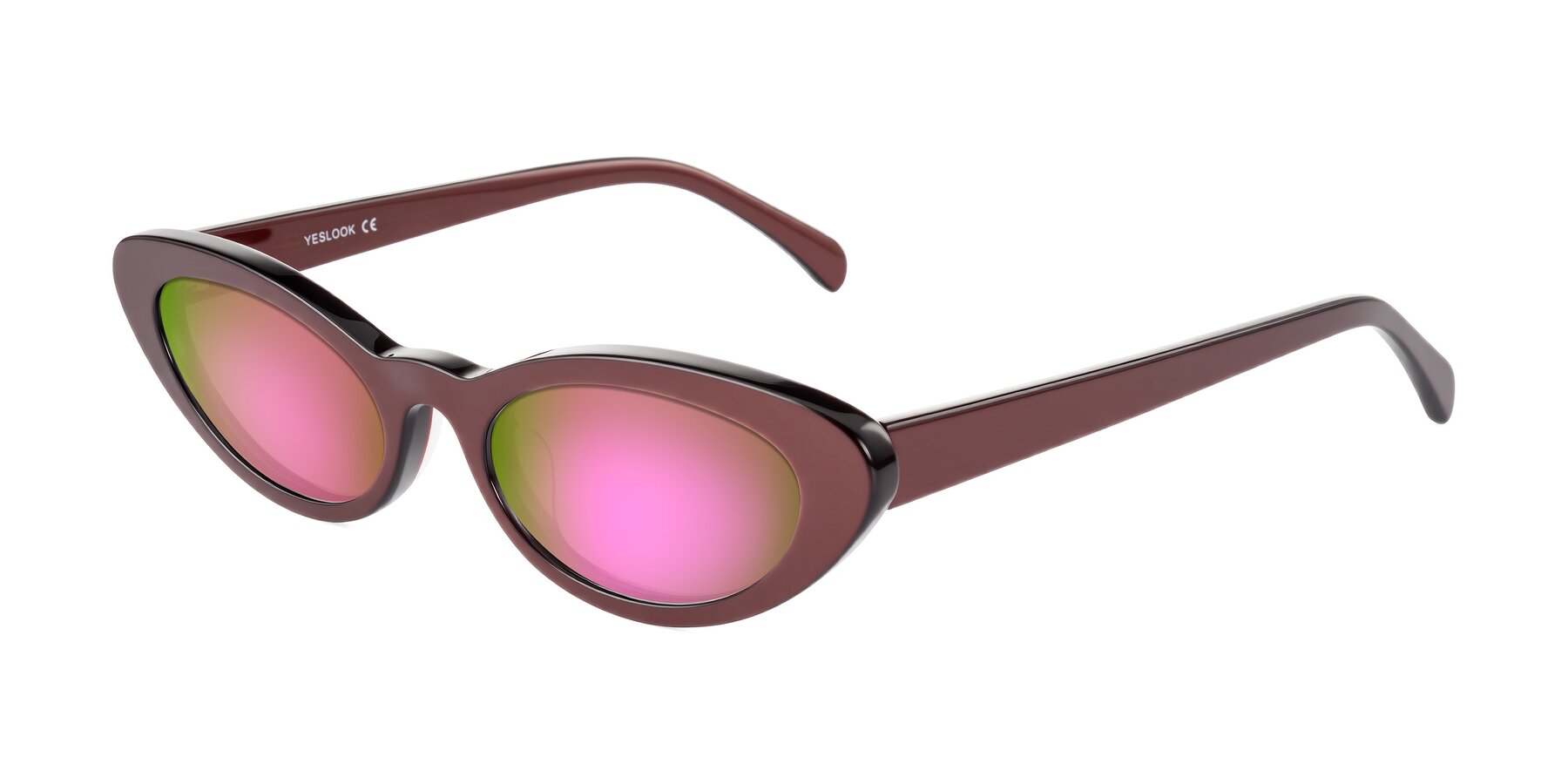 Angle of Baggot in Pearlescent Burgundy with Pink Mirrored Lenses
