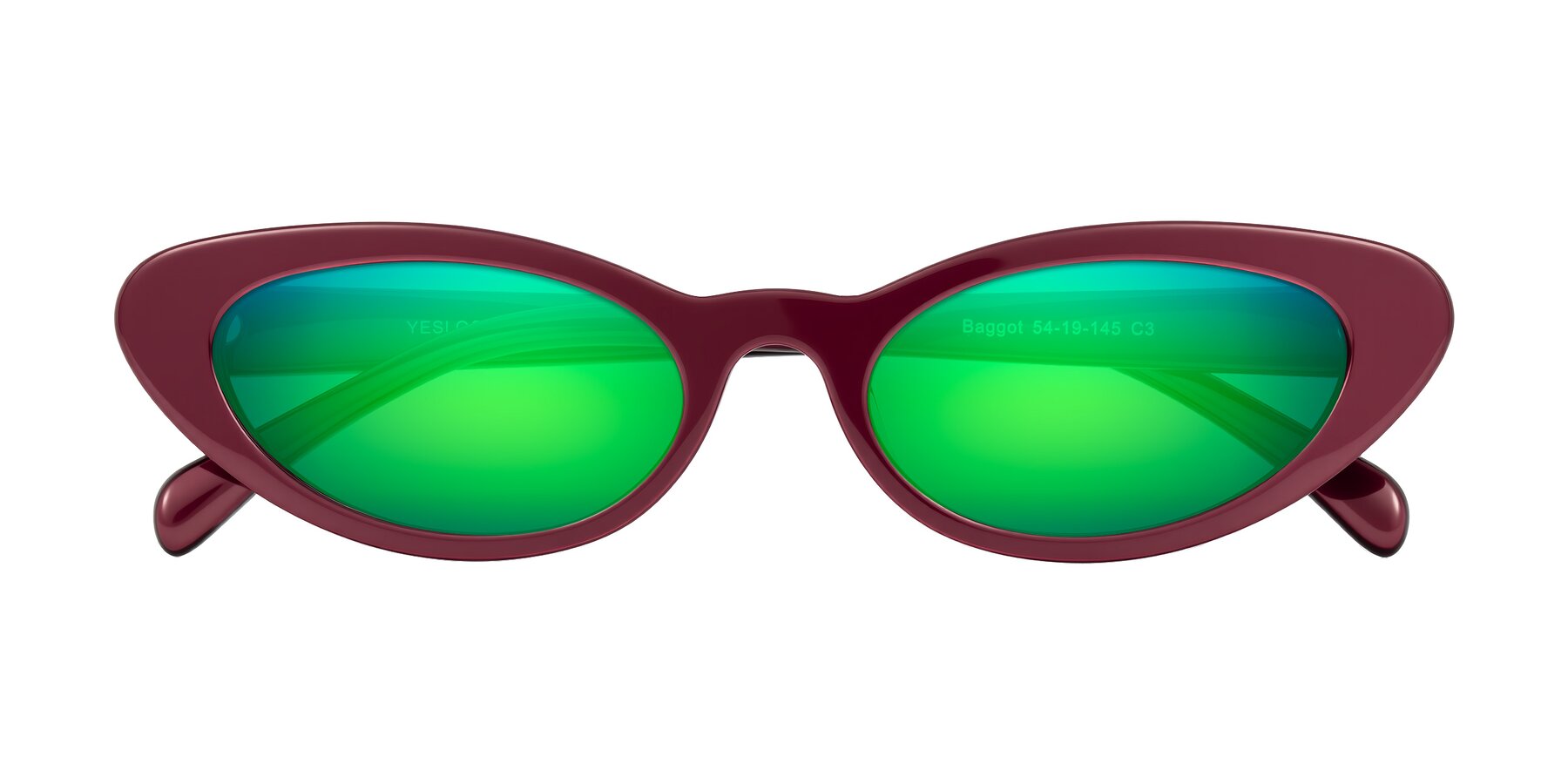 Folded Front of Baggot in Pearlescent Burgundy with Green Mirrored Lenses
