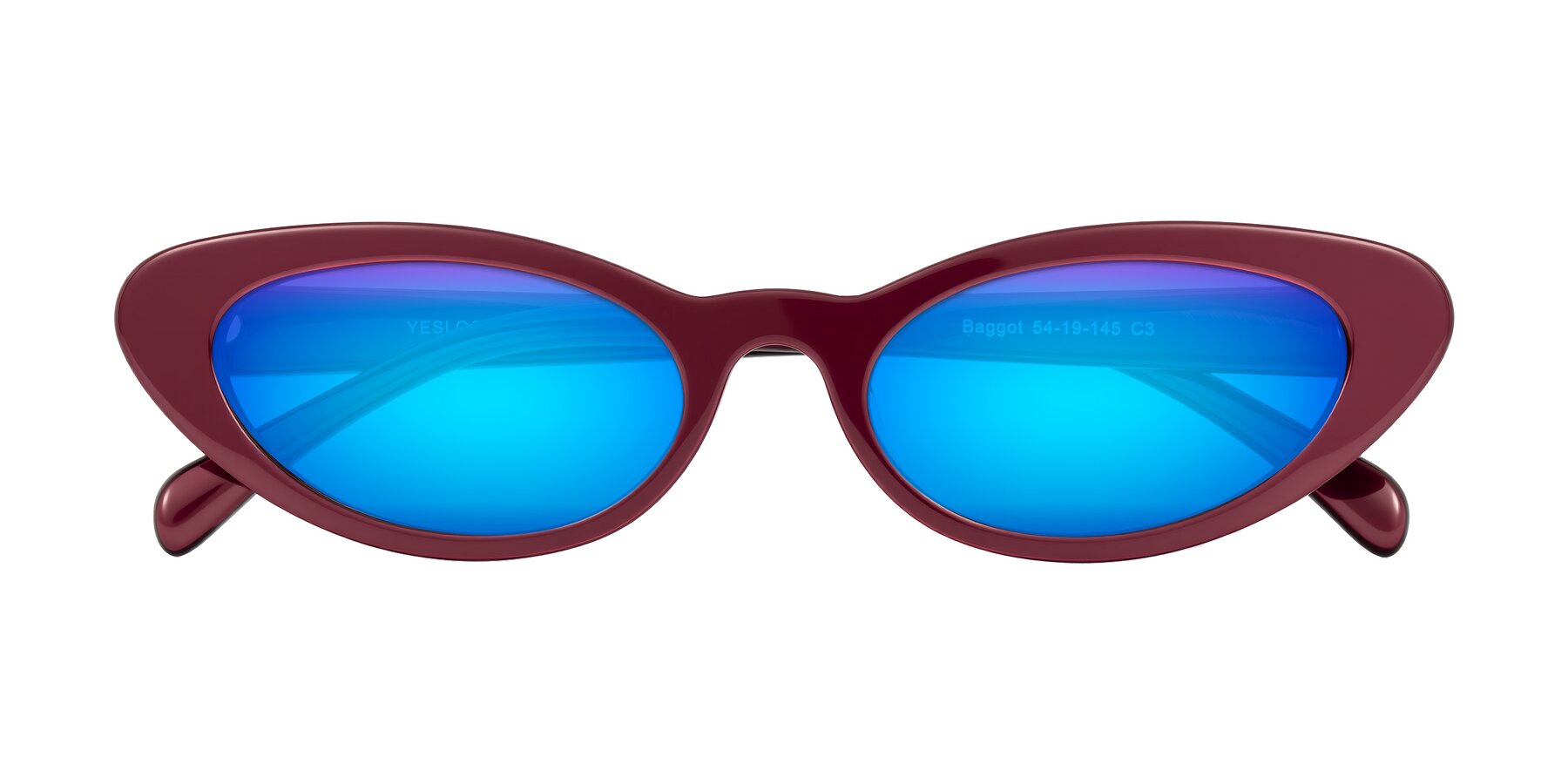 Folded Front of Baggot in Pearlescent Burgundy with Blue Mirrored Lenses