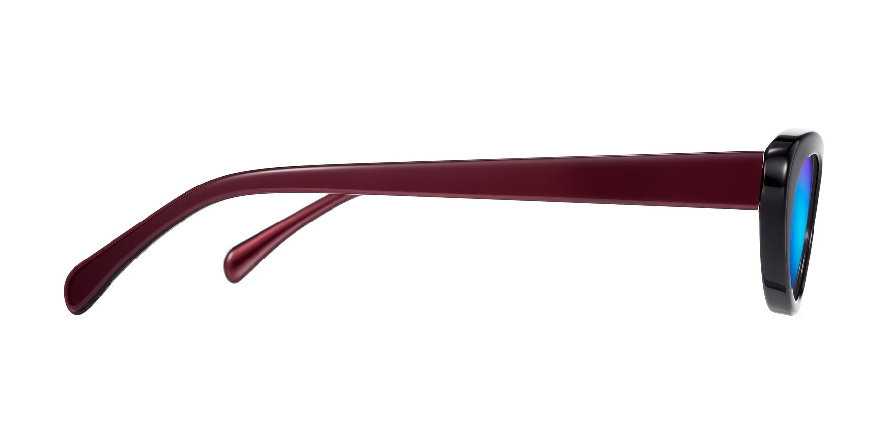Side of Baggot in Pearlescent Burgundy with Blue Mirrored Lenses
