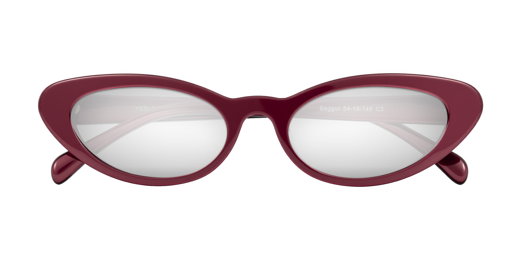 Folded Front of Baggot in Pearlescent Burgundy with Silver Mirrored Lenses