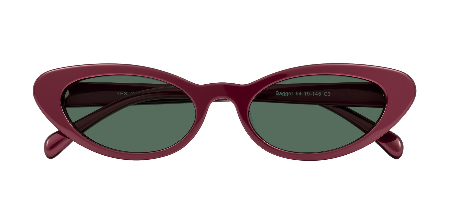 Folded Front of Baggot in Pearlescent Burgundy with Green Polarized Lenses