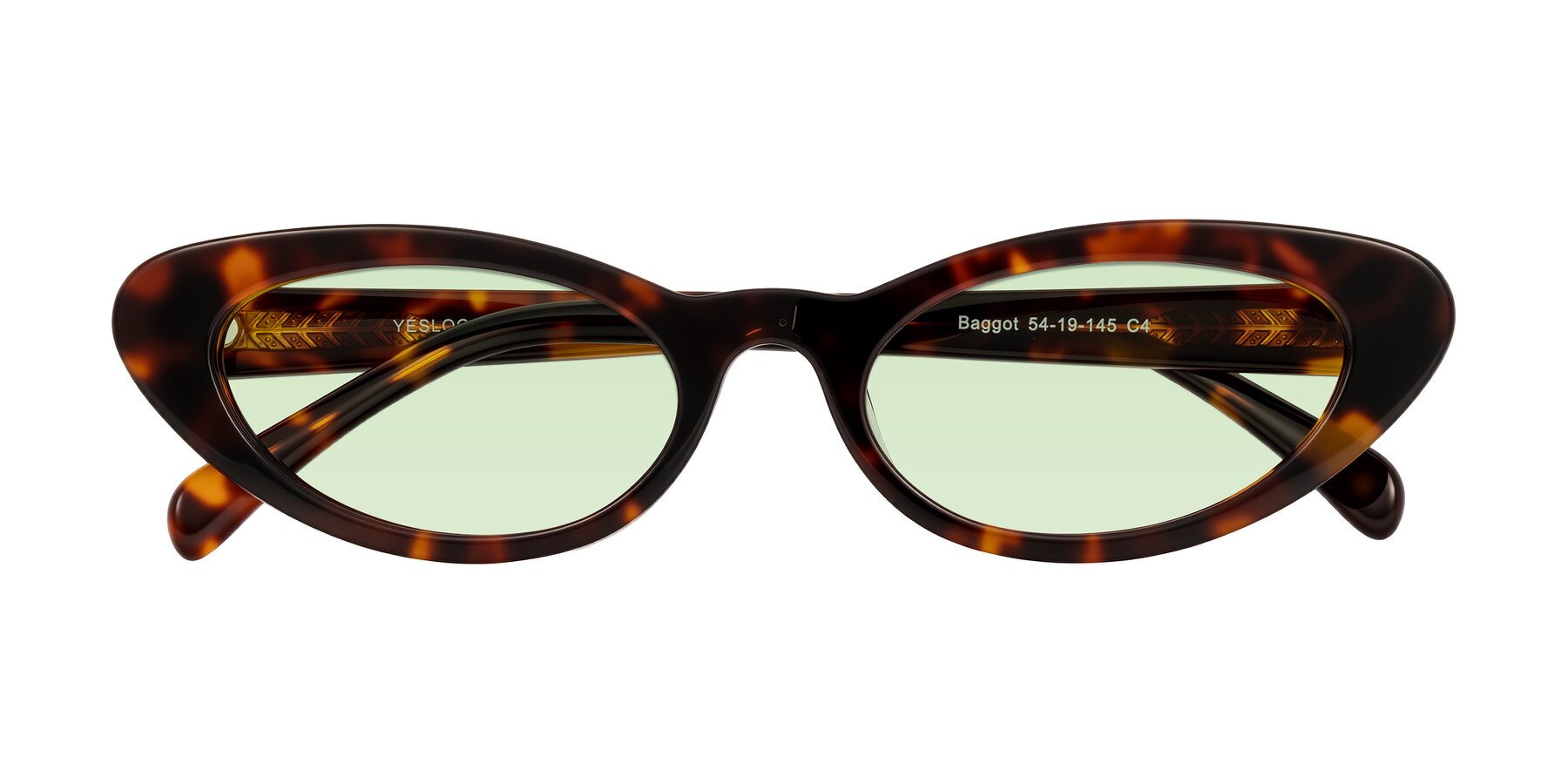 Folded Front of Baggot in Tortoise with Light Green Tinted Lenses