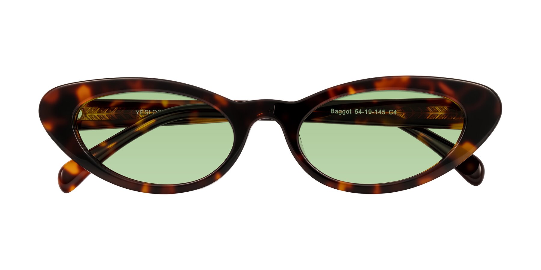 Folded Front of Baggot in Tortoise with Medium Green Tinted Lenses