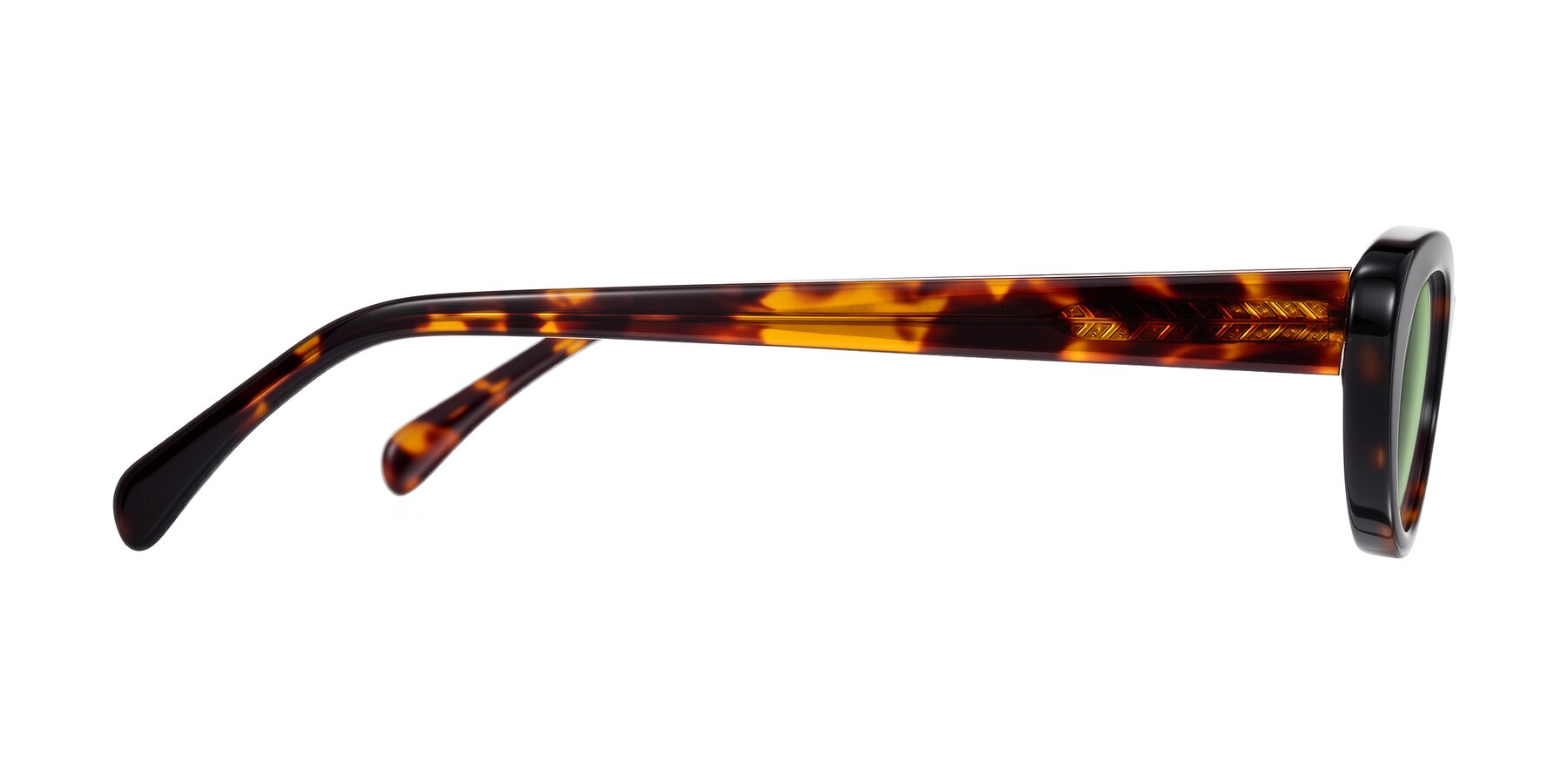 Side of Baggot in Tortoise with Medium Green Tinted Lenses