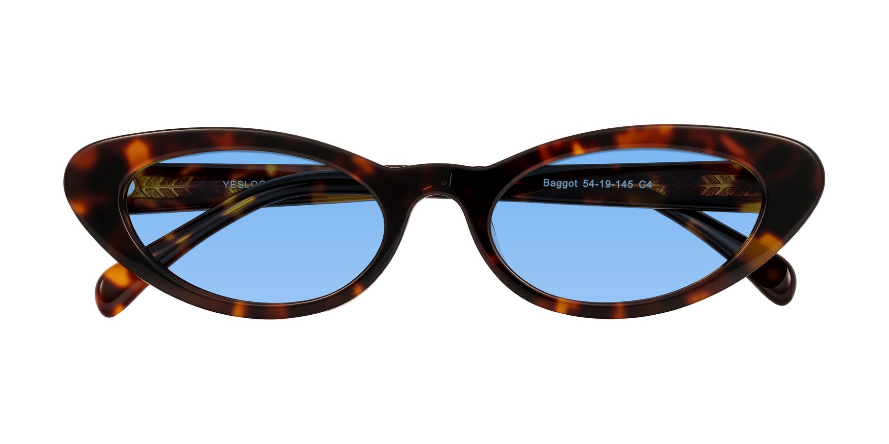 Folded Front of Baggot in Tortoise with Medium Blue Tinted Lenses
