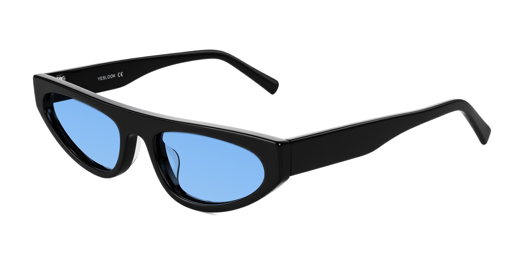 Angle of Carnew in Black with Medium Blue Tinted Lenses