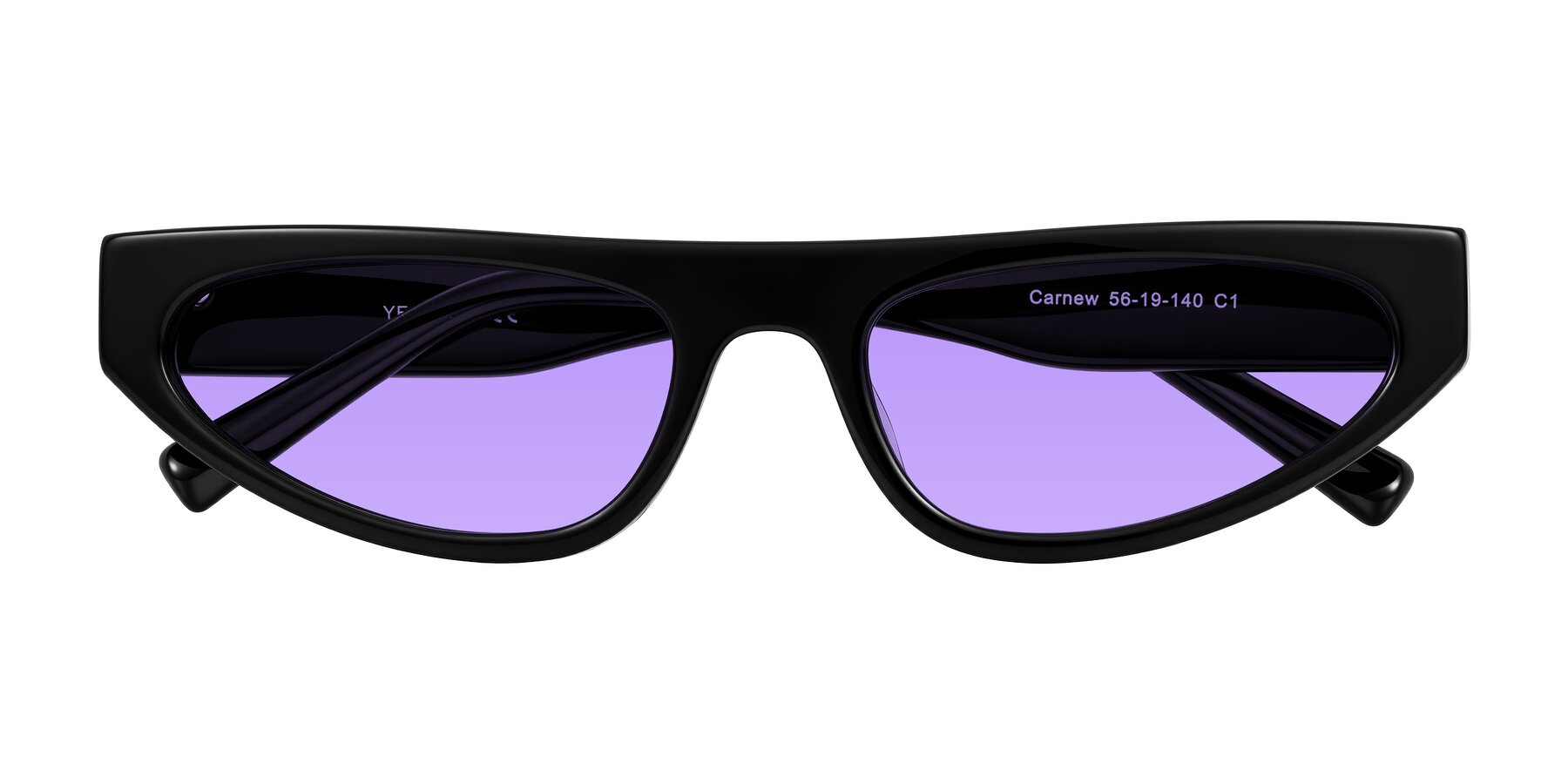 Folded Front of Carnew in Black with Medium Purple Tinted Lenses
