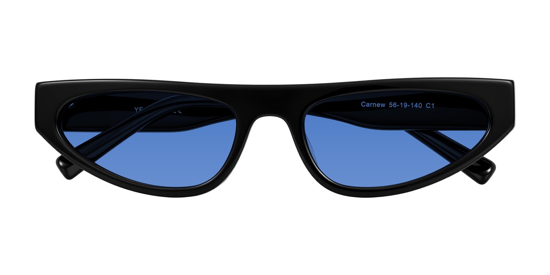Folded Front of Carnew in Black with Blue Tinted Lenses
