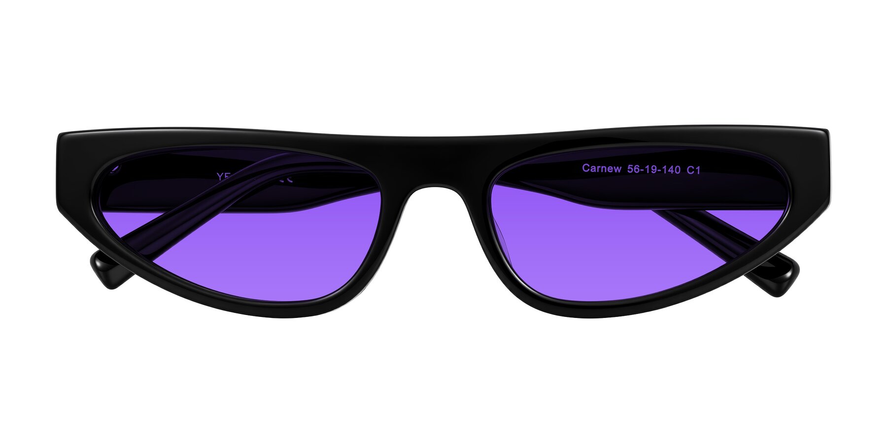 Folded Front of Carnew in Black with Purple Tinted Lenses