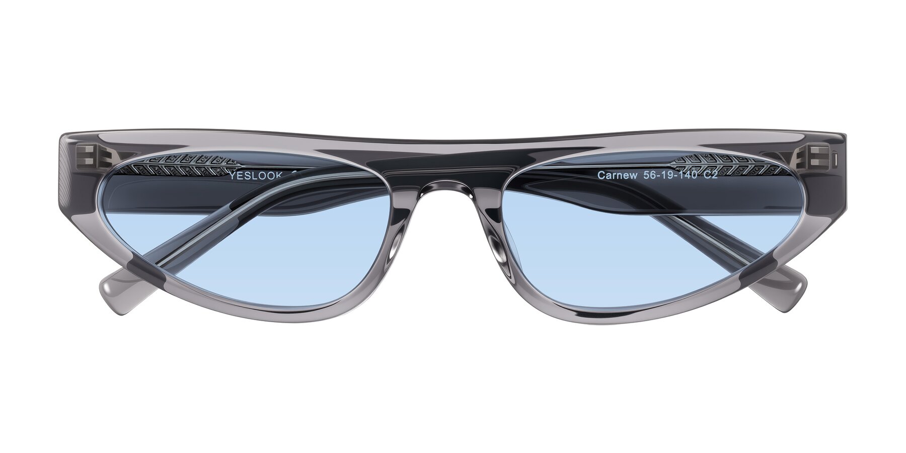 Folded Front of Carnew in Transparent Gray with Light Blue Tinted Lenses
