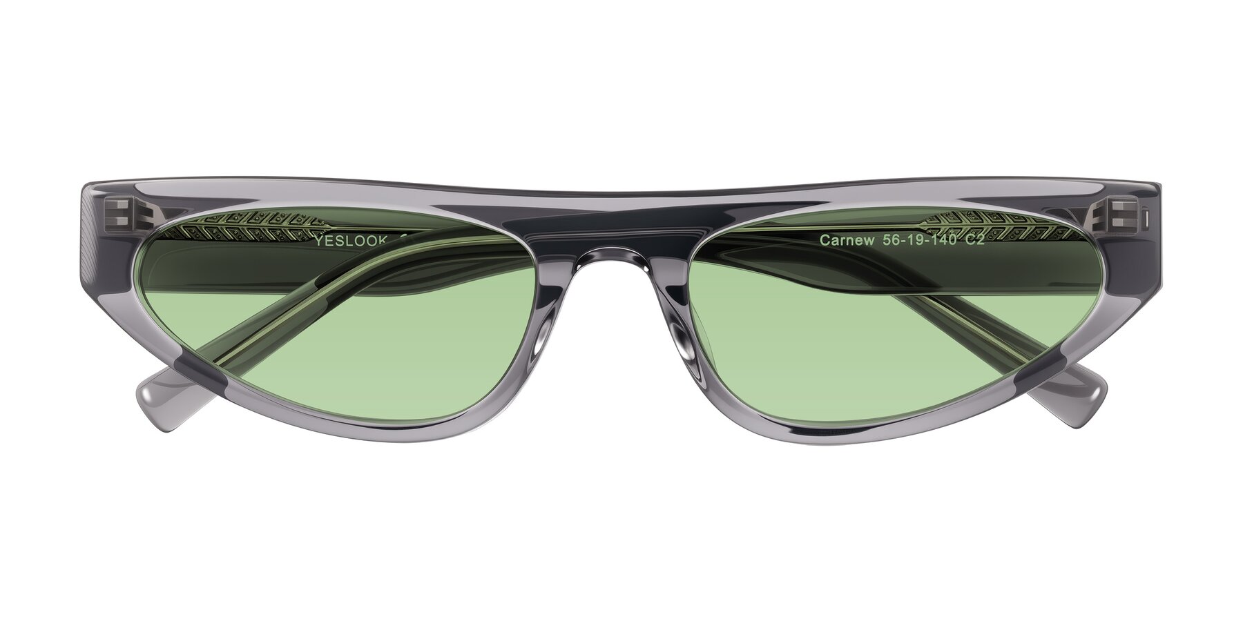 Folded Front of Carnew in Transparent Gray with Medium Green Tinted Lenses