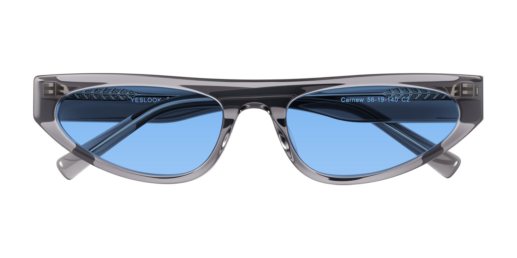 Folded Front of Carnew in Transparent Gray with Medium Blue Tinted Lenses