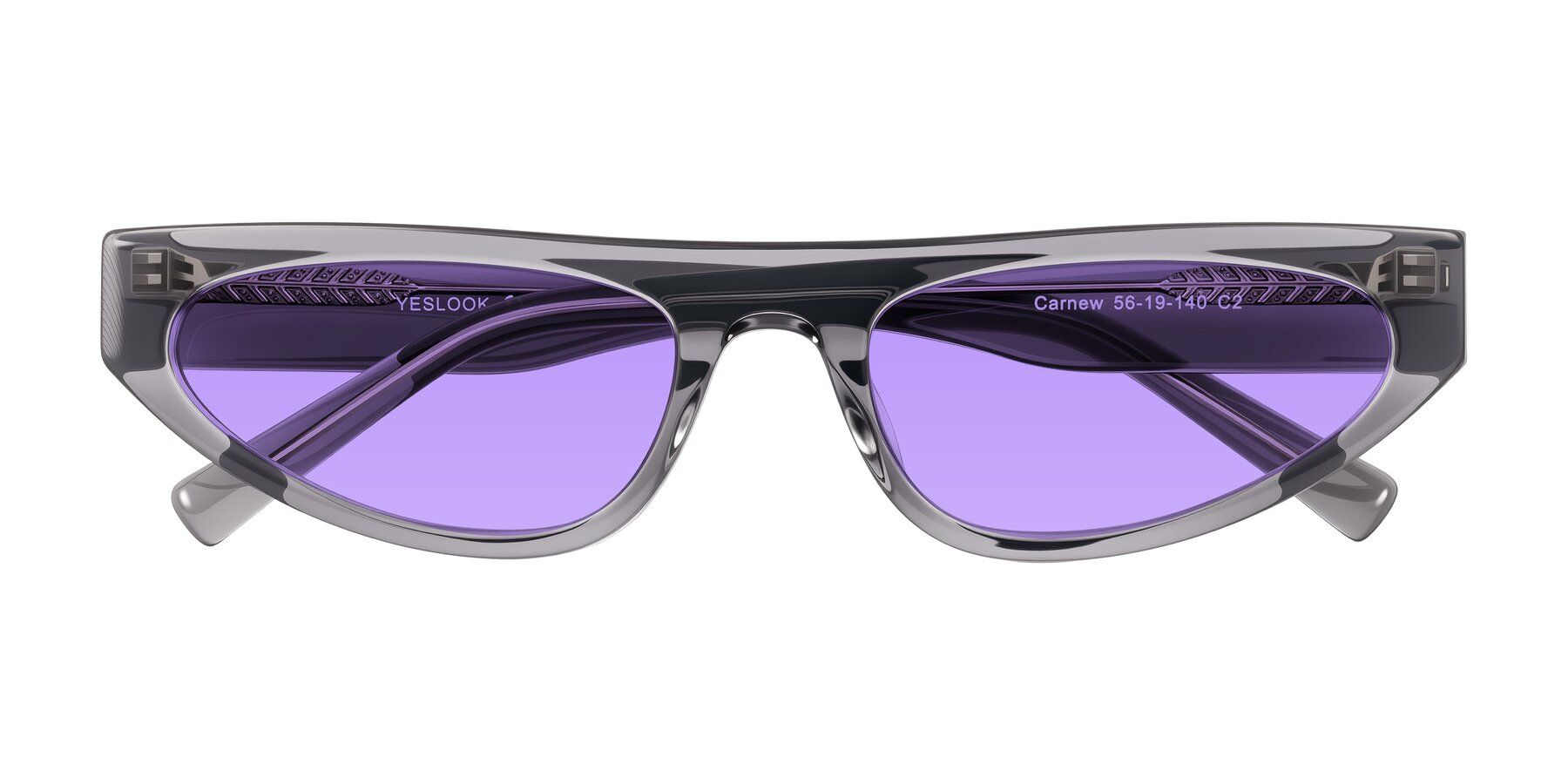 Folded Front of Carnew in Transparent Gray with Medium Purple Tinted Lenses