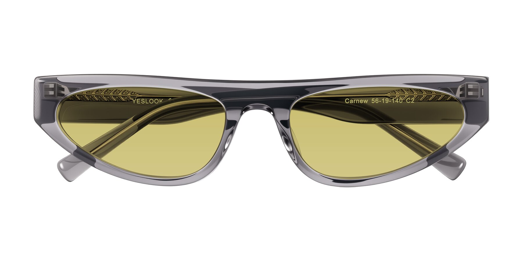 Folded Front of Carnew in Transparent Gray with Medium Champagne Tinted Lenses