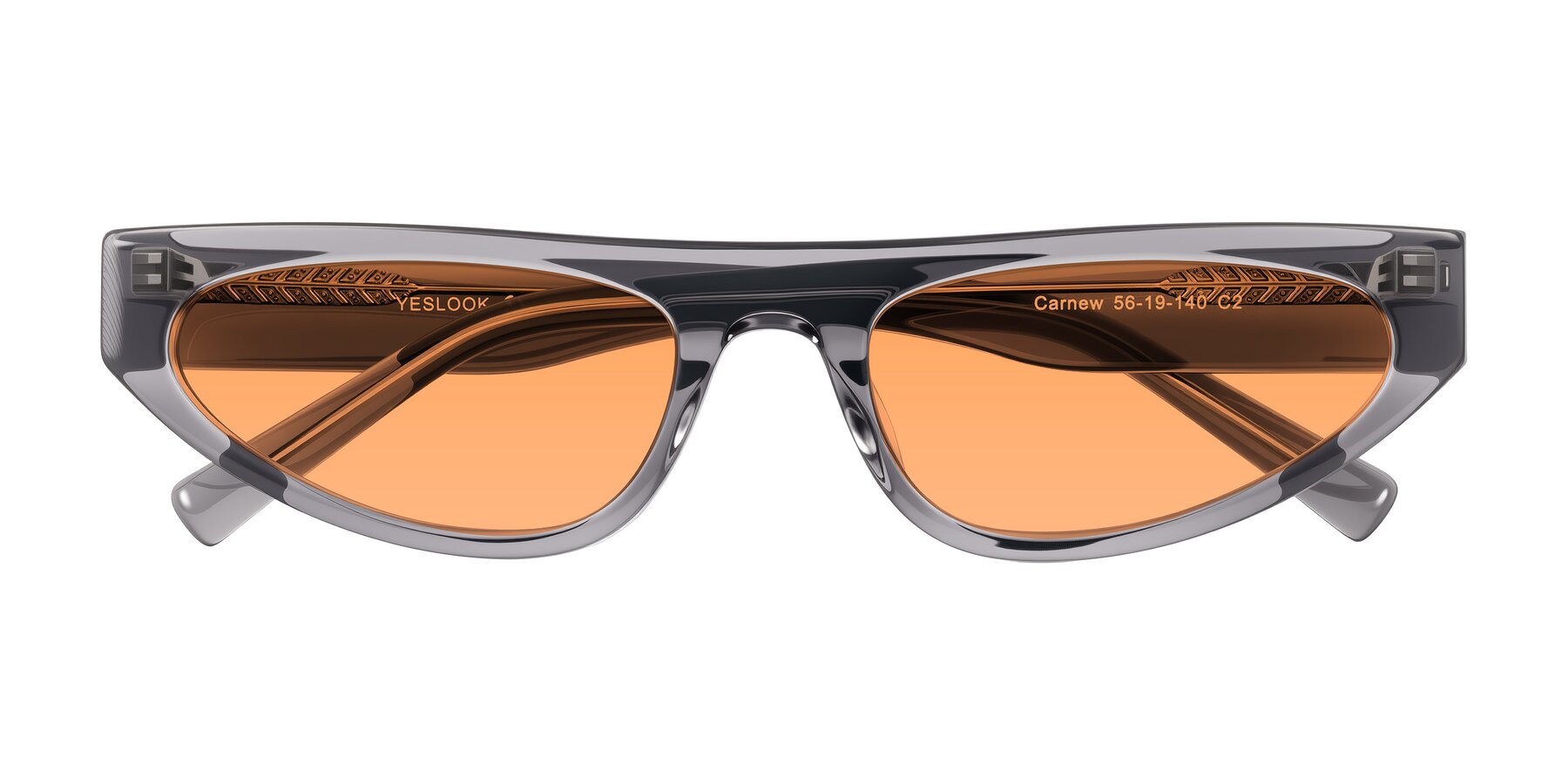 Folded Front of Carnew in Transparent Gray with Medium Orange Tinted Lenses