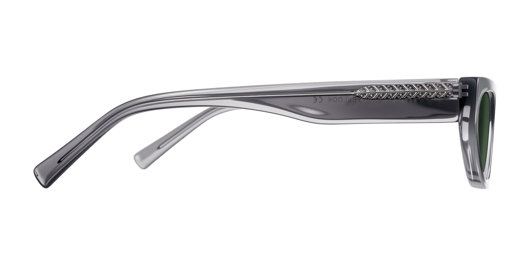 Side of Carnew in Transparent Gray with Green Tinted Lenses