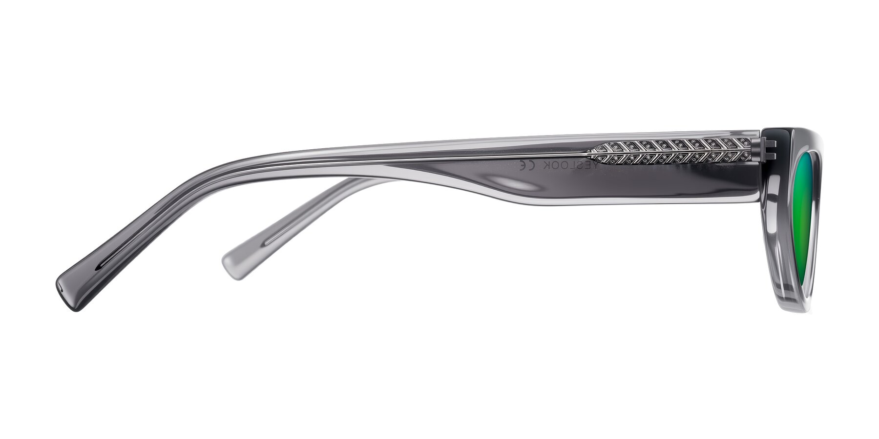 Side of Carnew in Transparent Gray with Green Mirrored Lenses