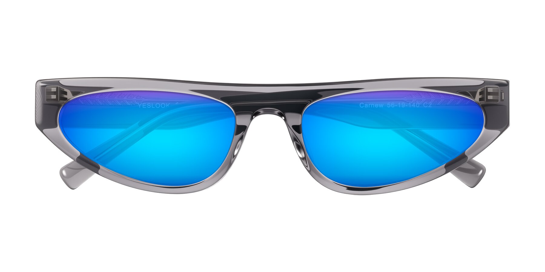 Folded Front of Carnew in Transparent Gray with Blue Mirrored Lenses