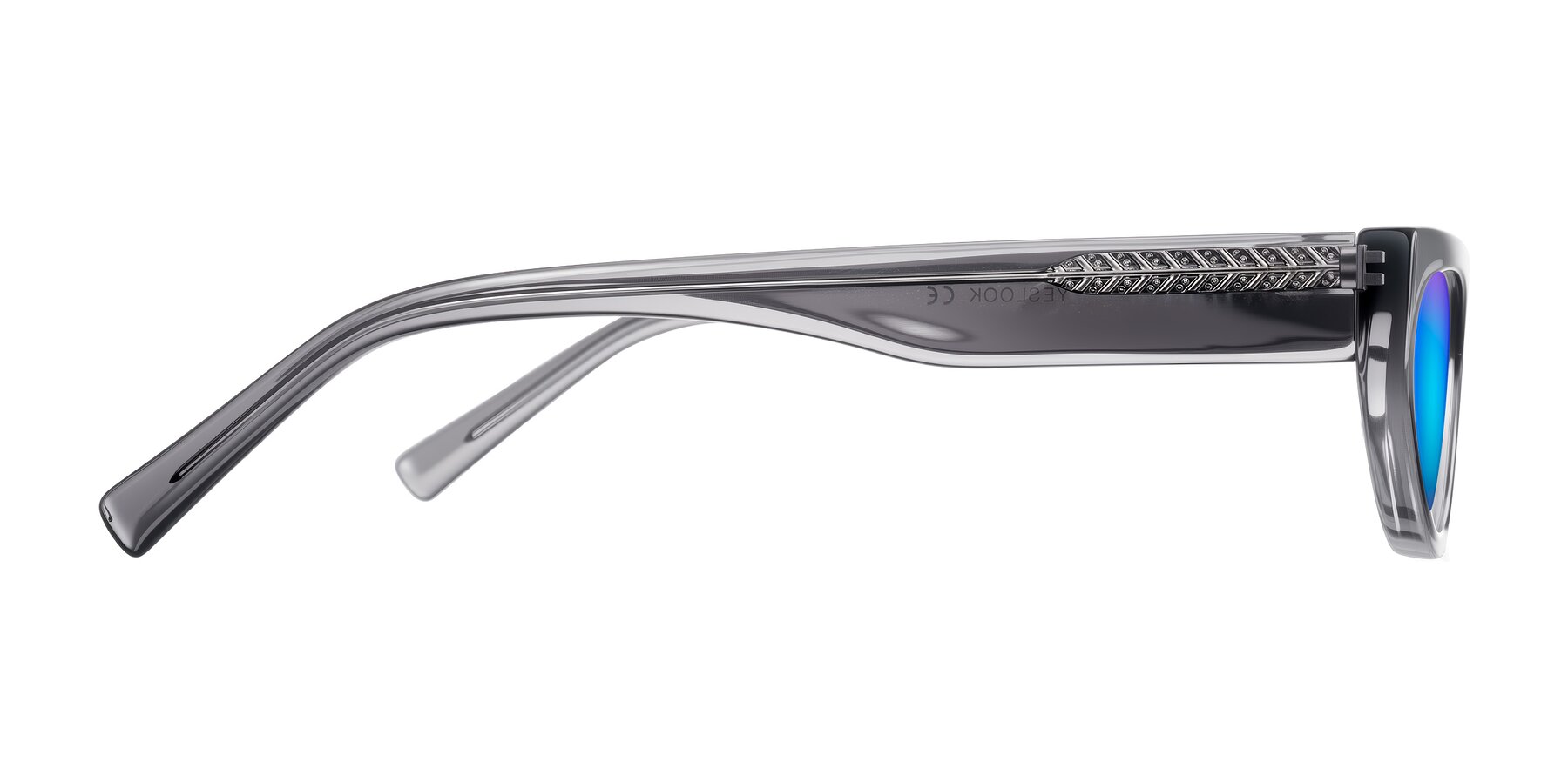 Side of Carnew in Transparent Gray with Blue Mirrored Lenses