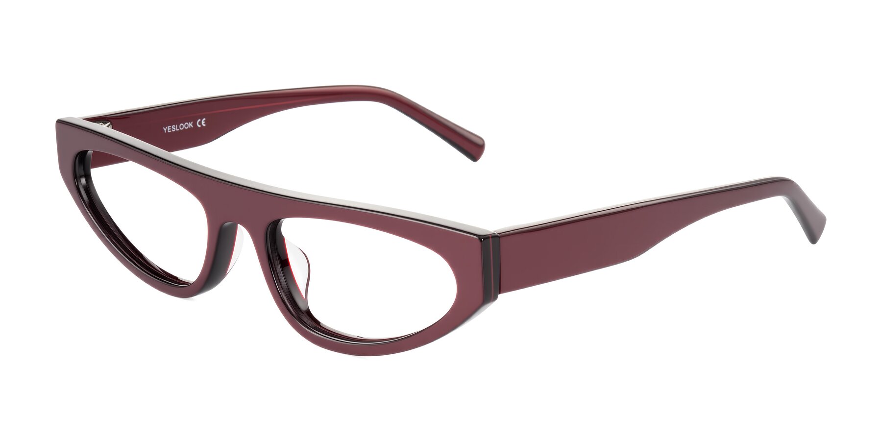 Angle of Carnew in Pearlescent Burgundy with Clear Eyeglass Lenses