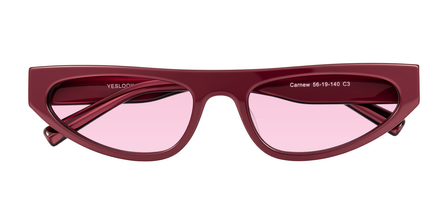 Folded Front of Carnew in Pearlescent Burgundy with Light Pink Tinted Lenses