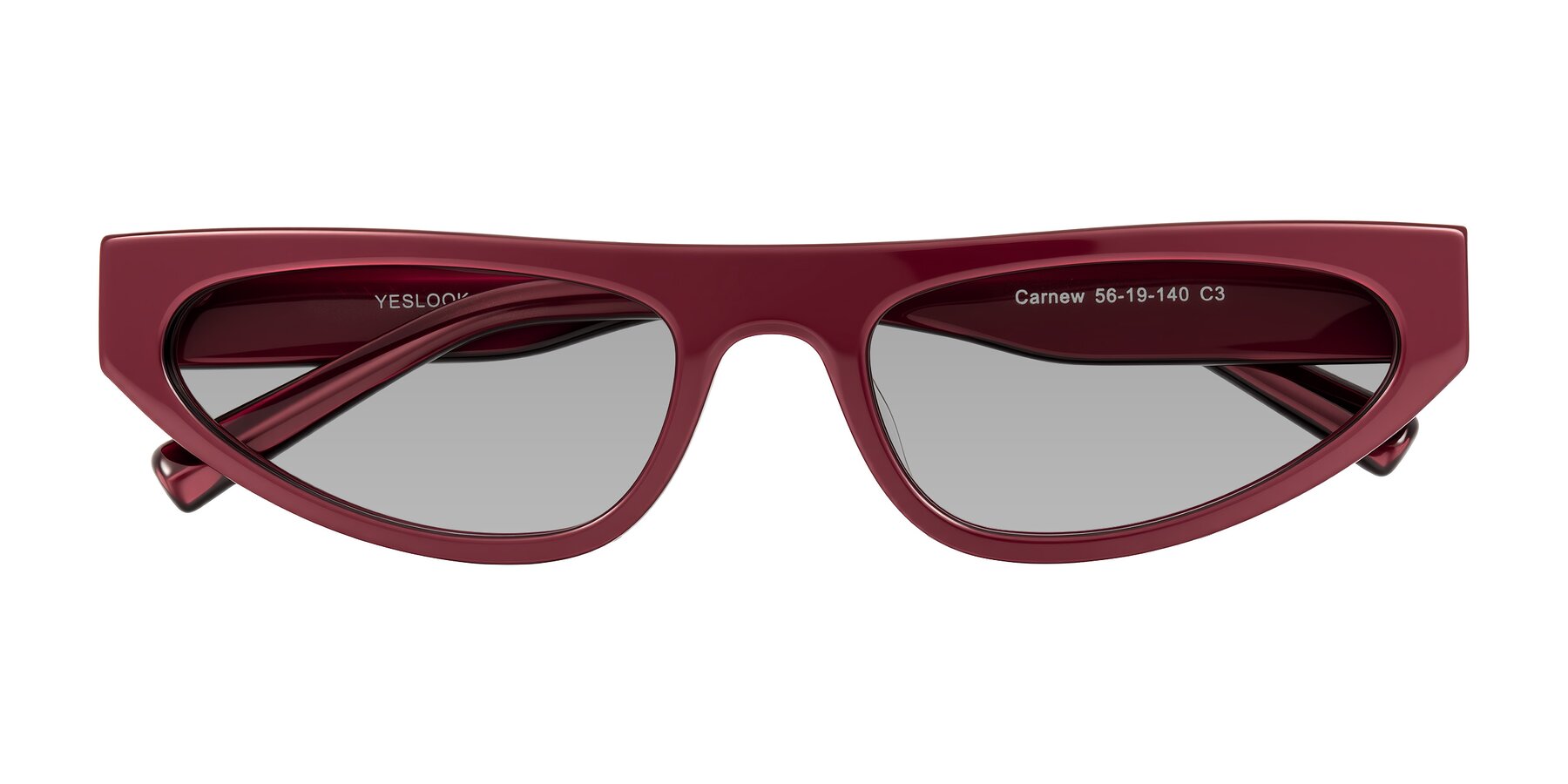 Folded Front of Carnew in Pearlescent Burgundy with Light Gray Tinted Lenses