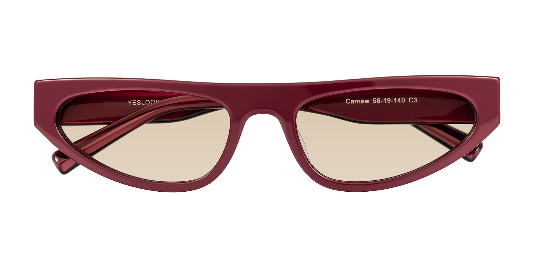 Folded Front of Carnew in Pearlescent Burgundy with Light Brown Tinted Lenses