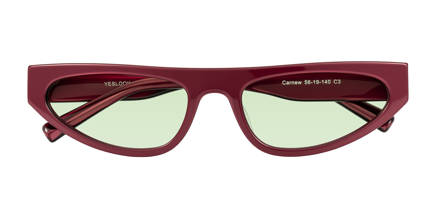 Folded Front of Carnew in Pearlescent Burgundy with Light Green Tinted Lenses