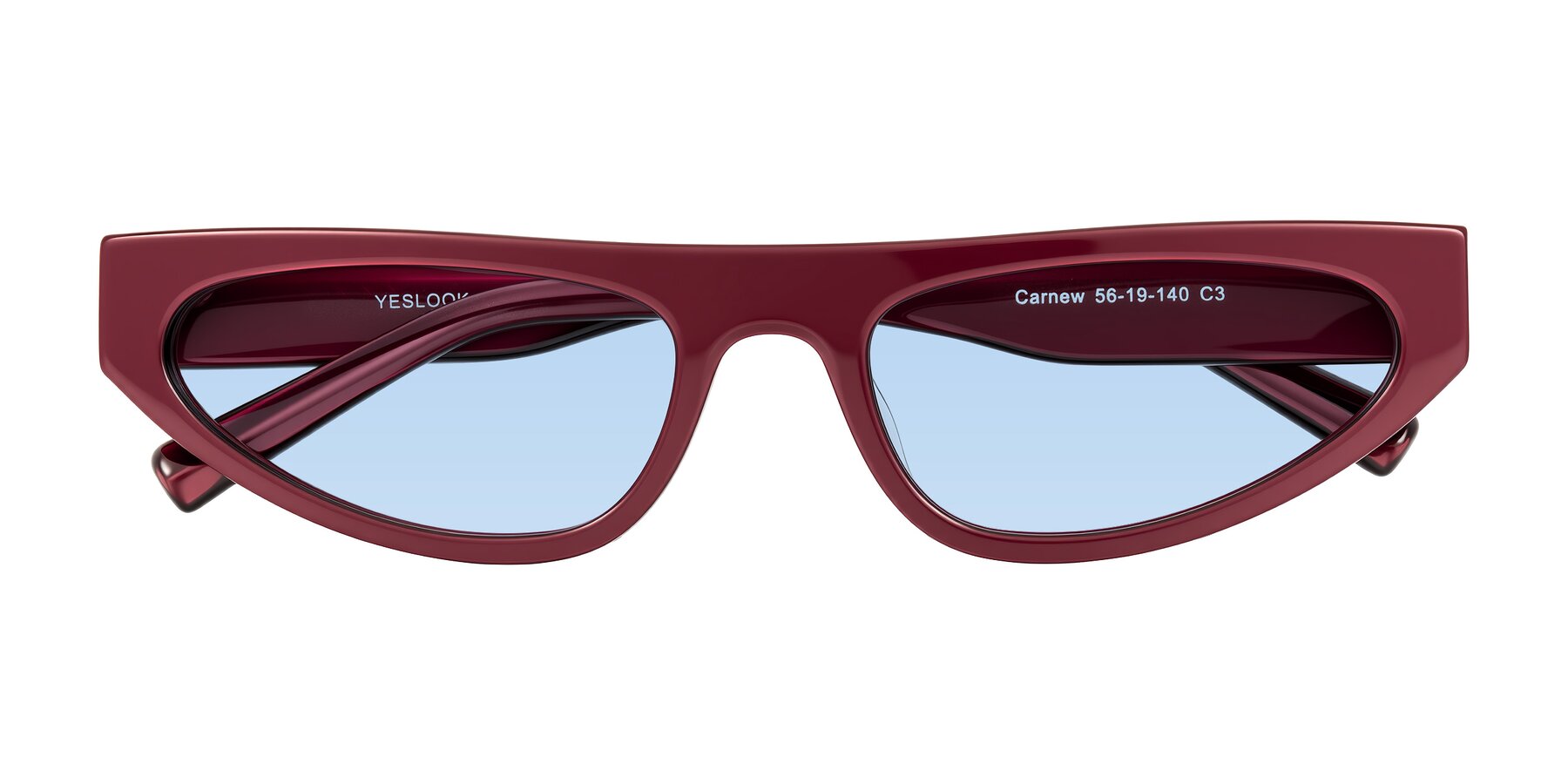 Folded Front of Carnew in Pearlescent Burgundy with Light Blue Tinted Lenses