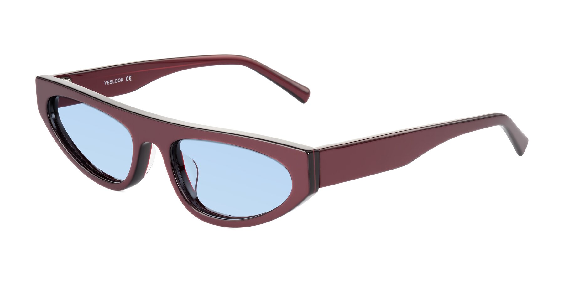 Angle of Carnew in Pearlescent Burgundy with Light Blue Tinted Lenses